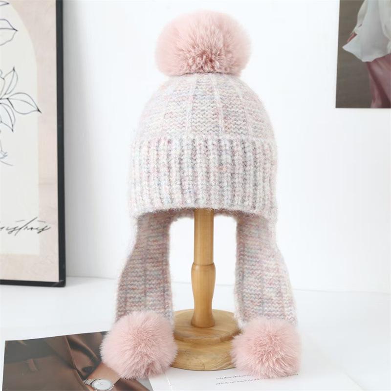 Autumn and Winter Female Cute Hairball Ear Protection Knitted Hat New Cold and Warm Face Small Wool Pullover Hat