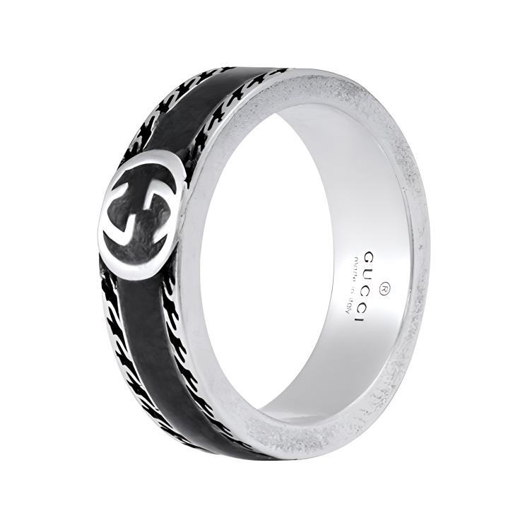 

Gucci Double G Series Interlocking Double G Matte 925 Silver Enamel Ring Unisex rings Black YBC645573002 Dust Bag+Box (Random Color),14