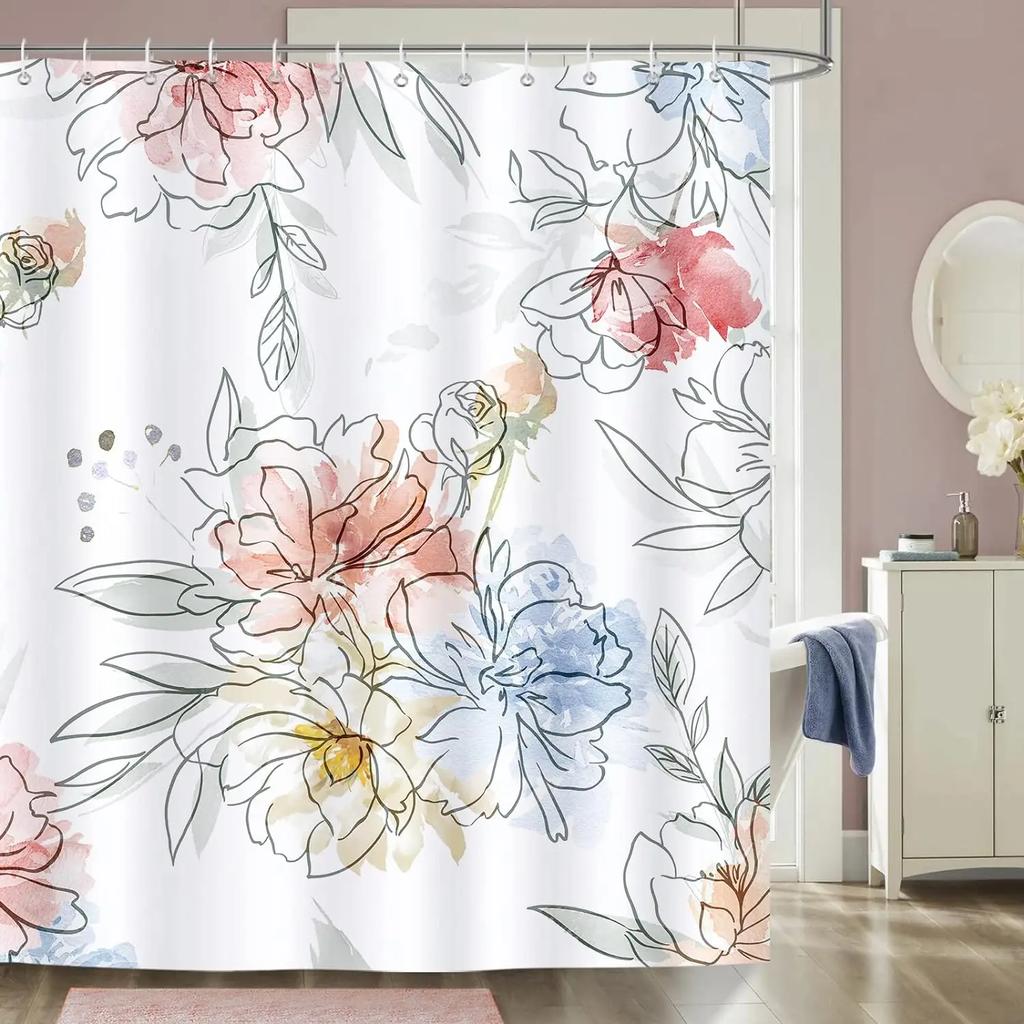 Purple Floral Shower Curtain Watercolor Flower Leaves Wildflower Polyester Fabric Washable Shower Curtains Bathroom Decoration