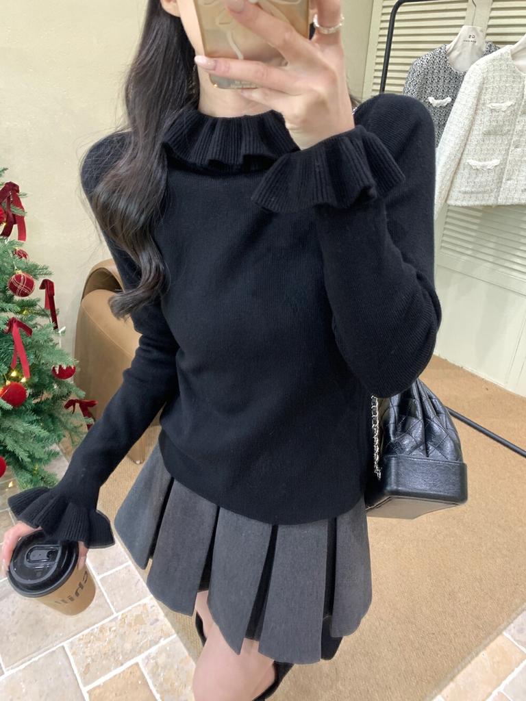 Lotus Leaf Edge Long-sleeved Knitted Sweater Women's Stacked Design Sweater Autumn and Winter New Inner Top