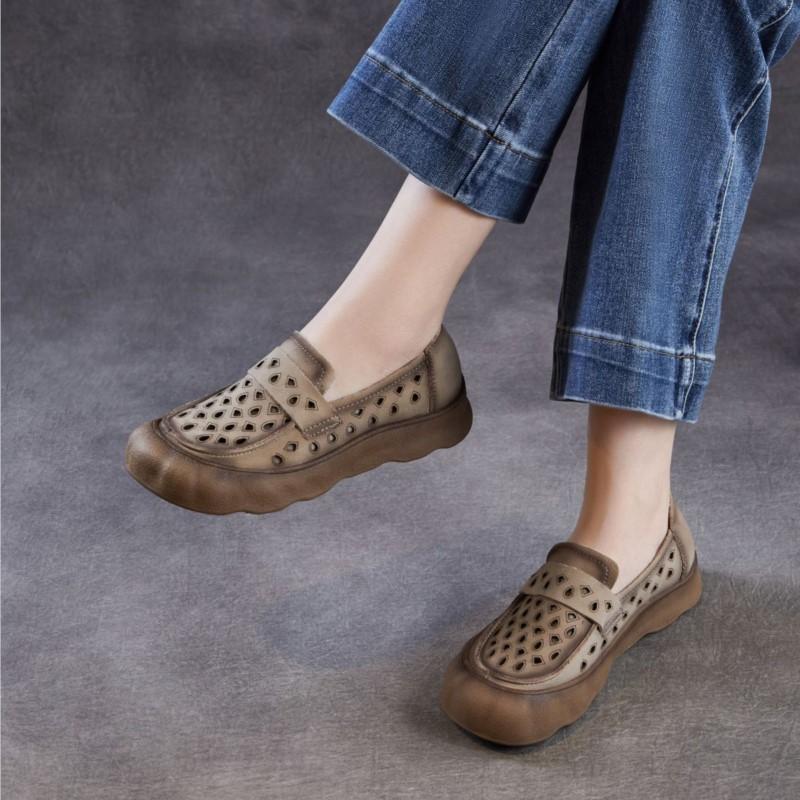 Johnature Soft Soled Slip-on Genuine Leather Loafers Comfortable Hollow-out Breathable Women's Flat Shoes