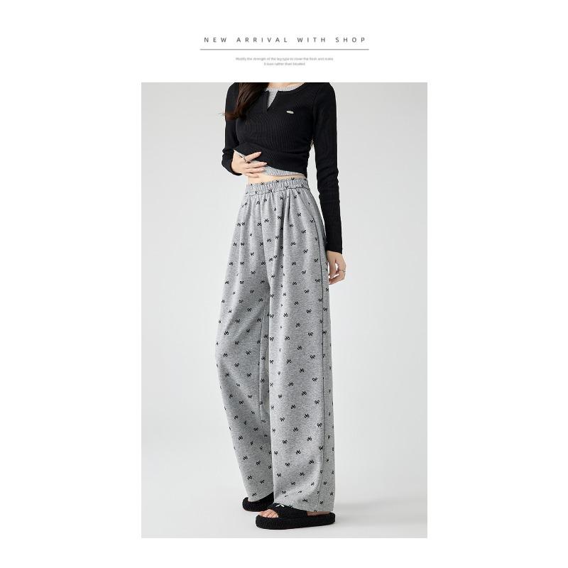 Design-sensory Bow Printed Wide-leg Pants Casual Pants Women's Autumn High-waisted Straight-leg Pants Floor Pants