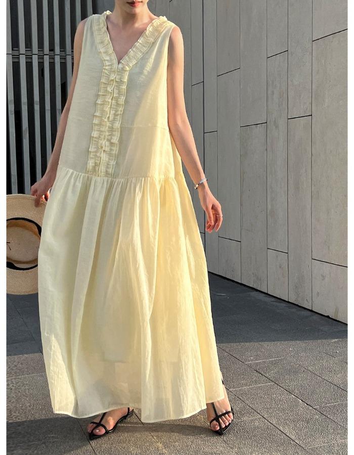 Johnature French Clear Fungus Edge A-line Korean Casual Loose Dresses Women Summer Sweet V-neck Sleeveless Dress