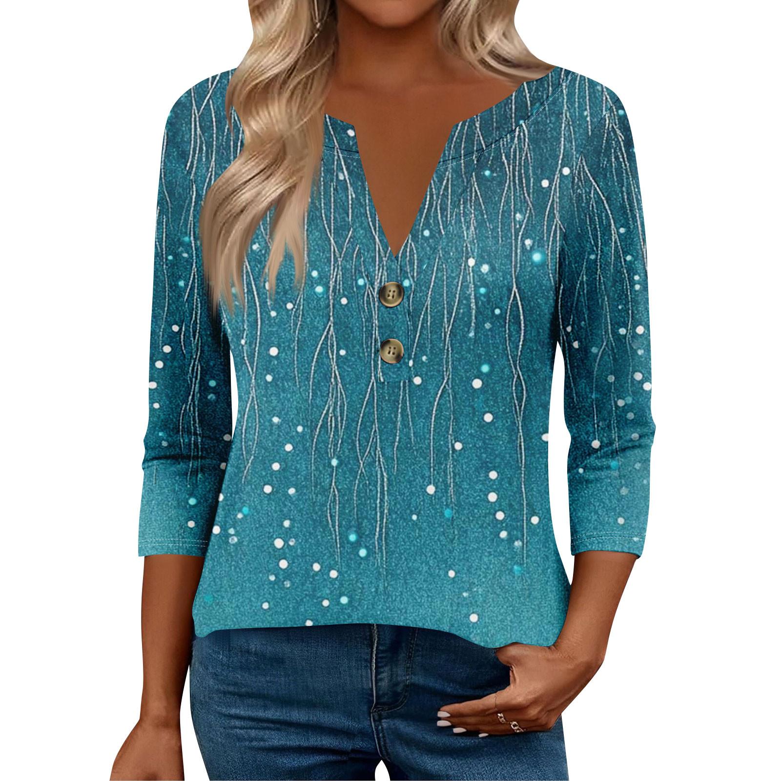 

Женские топы с рукавом 3/4 для женщин, топы хенли на пуговицах с V-образным вырезом, нарядные летние женские топы свободного кроя M