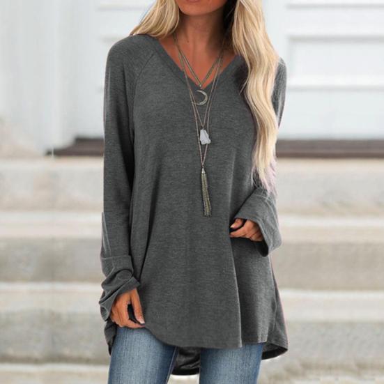 Taglie Forti Donna Tinta Unita Manica Lunga Scollo a V Pullover Largo Midi Camicetta Top
