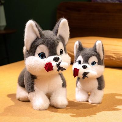 Husky Dog Plush Toy,Husky Puppy Doll,Cotton Husky Stuffed Animal Doll with Flower,Soft Cuddly Plush Hugging Pillow for Kid Gift Valentine's Day Gift