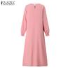 ZANZEA Women Casual Round Neck Solid Color Loose Long Sleeve Dress