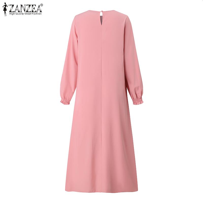ZANZEA Women Casual Round Neck Solid Color Loose Long Sleeve Dress