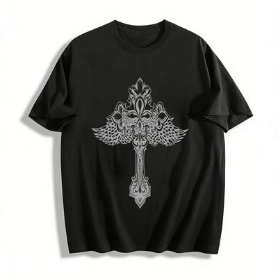 Vintage Winged Cross Floral Print Casual T-Shirt Trendy Loose Fit Top For Men And Women Pure Cotton T-shirt