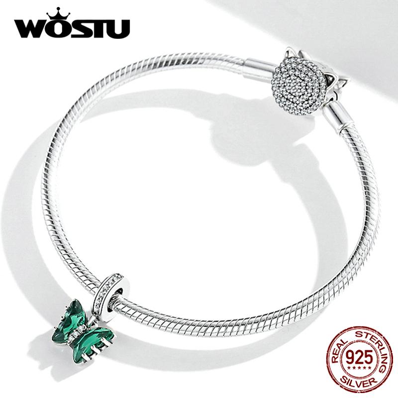 WOSTU Tři barevné korálky se zirkonovým motýlkem 925 se stříbrným přívěskem se hodí pro originální náramek náramek DIY jemné šperky