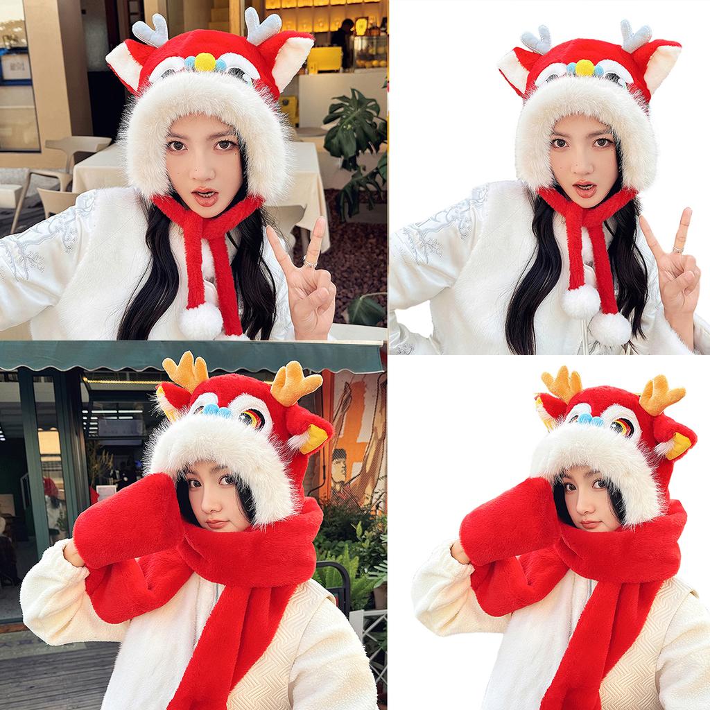 Dragon & Lion Dance Scarf Hat for Women Plush Ear Flap Hat for Girl Universal Windproof Warm Hat for Outdoor Activity