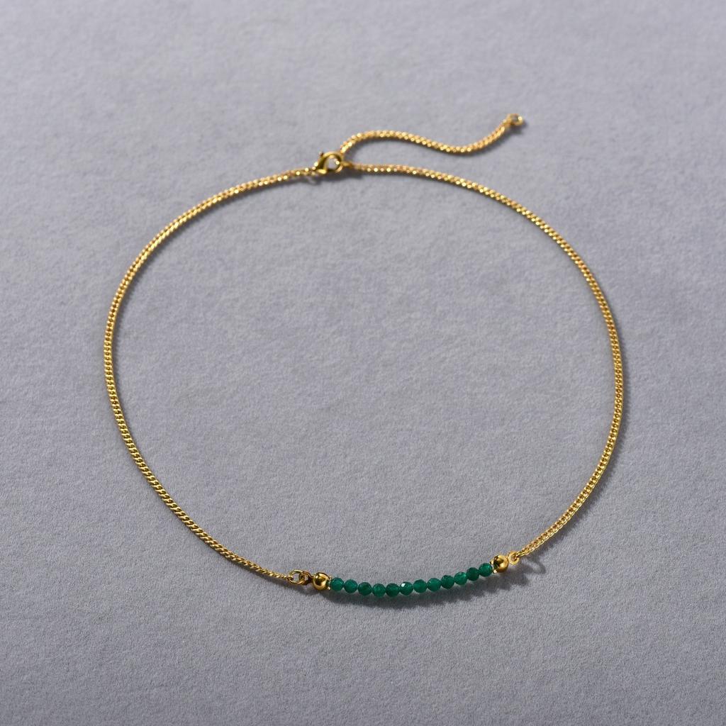 Simple High-Grade Metal Copper Plated 18K Real Gold Green Agate Beaded Pendant Collarbone Chain Personalized Unique Necklace