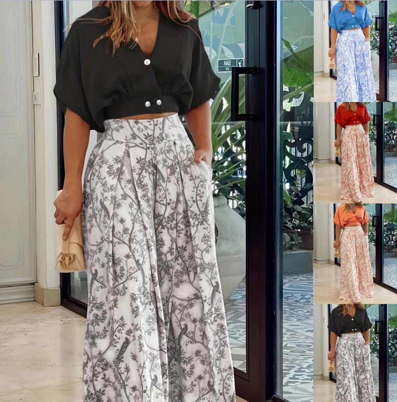 Women's Summer Casual Set Solid Color Shorts Shirt Printed Wide Leg Pants