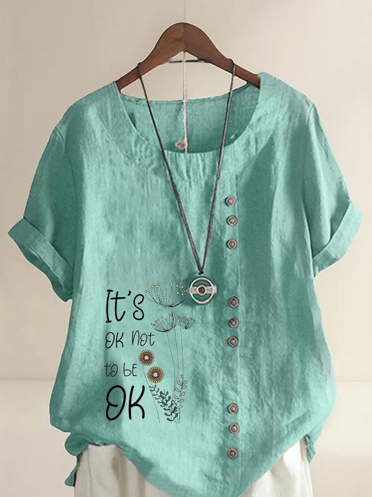 Women's Fashion Flowers and Dandelion Letters Print Round Neck Short Sleeve T-shirt Casual Cotton Linen Graphic Shirt Leisure Loose Summer Blouse Tops