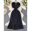 Summer Women Polka Dot Long Dress Vintage V-Neck Flying Sleeve High Waist Single Breasted A-Line Casual Vestidos Female Robe New
