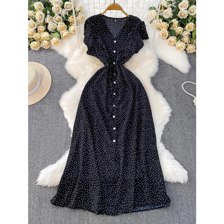 Summer Women Polka Dot Long Dress Vintage V-Neck Flying Sleeve High Waist Single Breasted A-Line Casual Vestidos Female Robe New