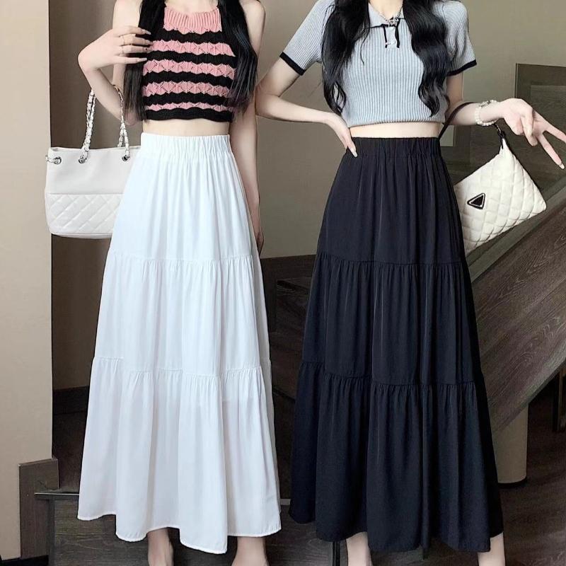 1PC High Waist Skirts Long Skirts A-line Skirts Polyester Chiffon White Elastic Women Vintage