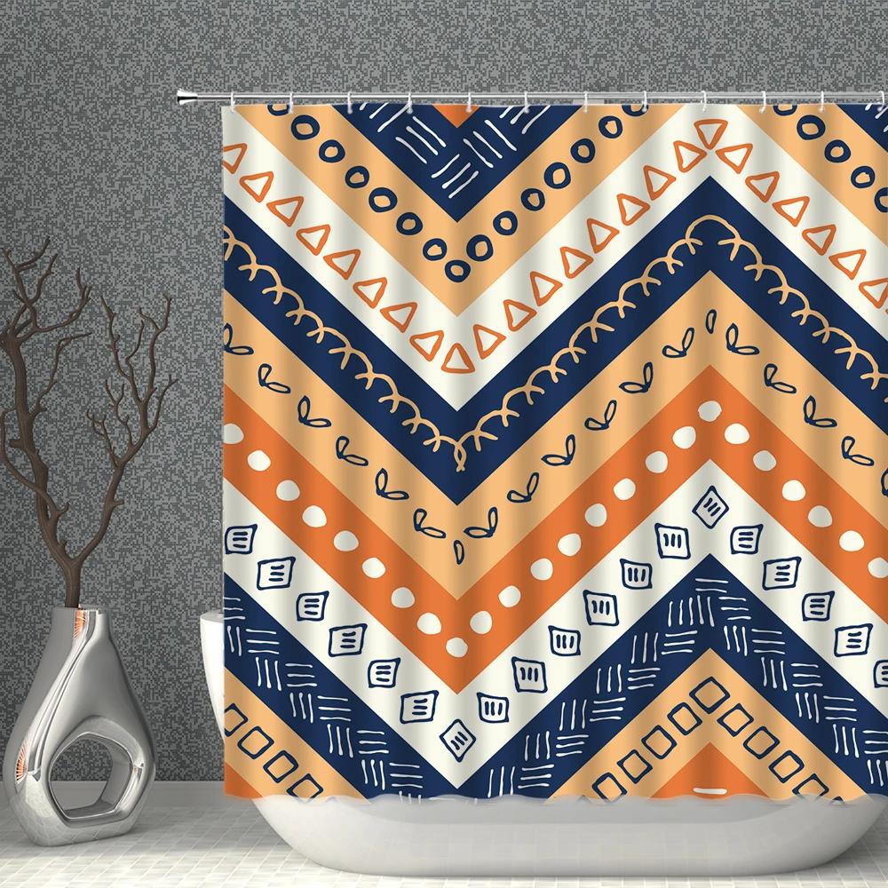

Bohemian Shower Curtain Waterproof Orange and Blue Stripe Lattice 3DPrint Cloth Bathroom Curtains Bath Screen Set Bathtub Decor W90XH180cm