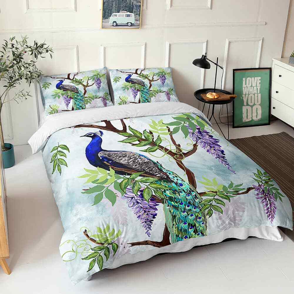 Beautiful Blue Peacock Double Bedding Set Doona Quilt Duvet Cover Pillowcase