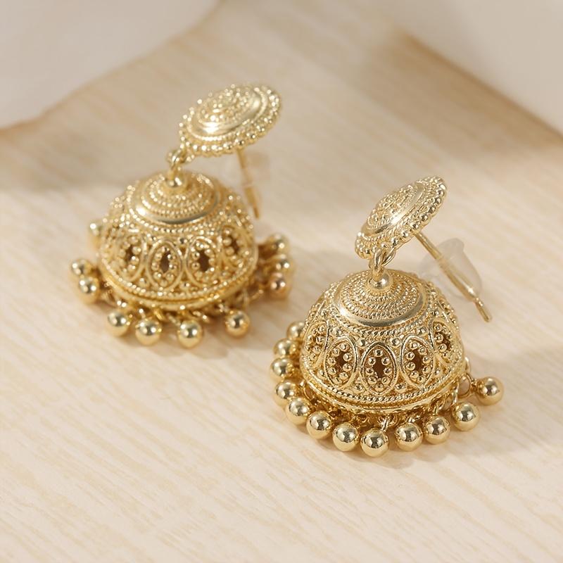 Pair of Vintage Brass Golden-Plated Earrings, Handmade Bohemian Style Bell and Bead Pendant Earrings for Daily Wear and Parties, Christmas Accessory|B