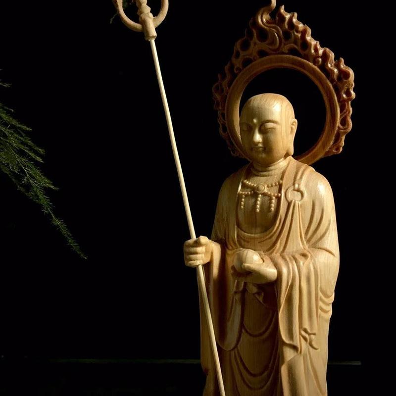 Naturlig Sypress Ksitigarbha Bodhisattva Statue - Buddhistisk Figur for Hjemmerom Kontor Feng Shui Dekorativt Ornament