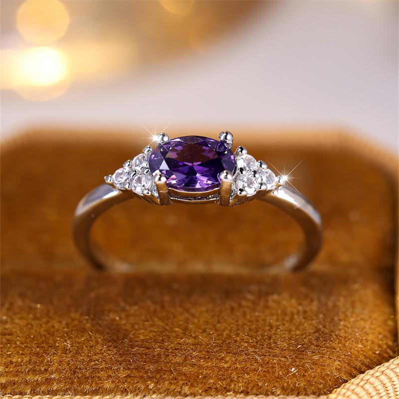 Female Charm Oval Purple White Zircon Minimalist Stacking Thin Rings For Women Party Wedding Bands Mothers Day Jewelry Gifts CZ