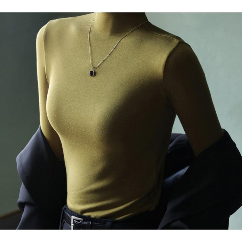 Women's Fall and Winter Inner Half High Neck Wooden Ear Trim Long Sleeve Top