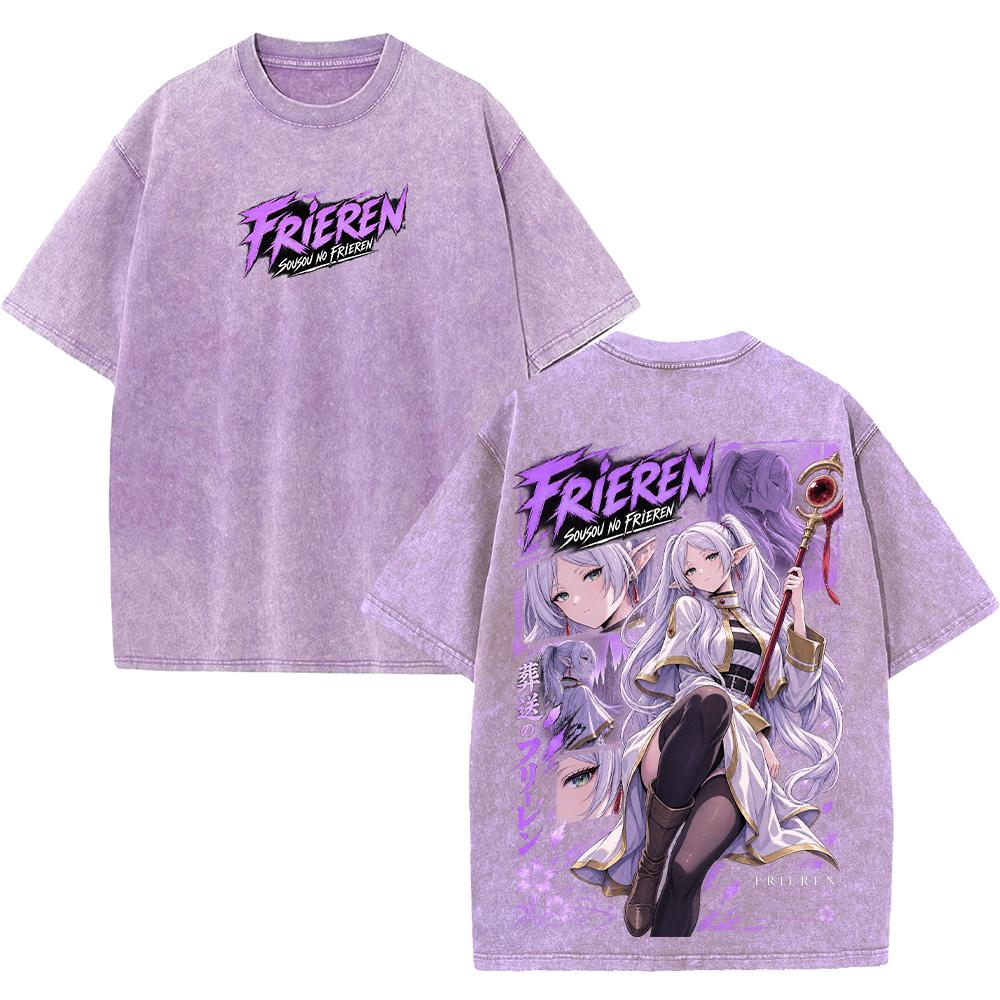 Frieren Anime Fashion Retro T Shirt Manga Harajuku Vintage Washed Streetwear Oversized 100% Cotton T-shirt Men Women Tees Tops