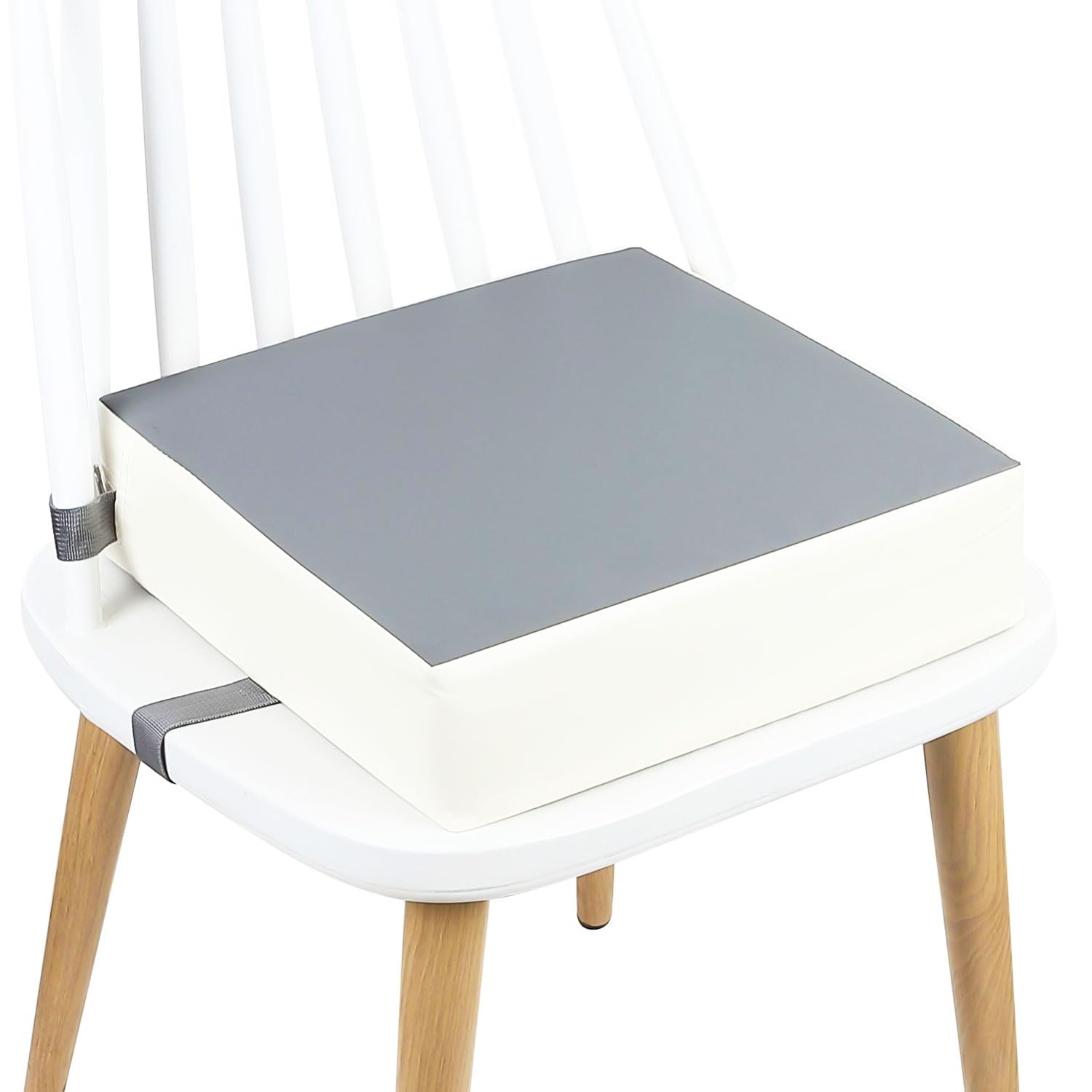 Kugooyi Dining Cushion for Children, Chair Cushion, Height Adjustable, Removable, with Straps, Washable, Thick Chair Seat (Leather Gray)