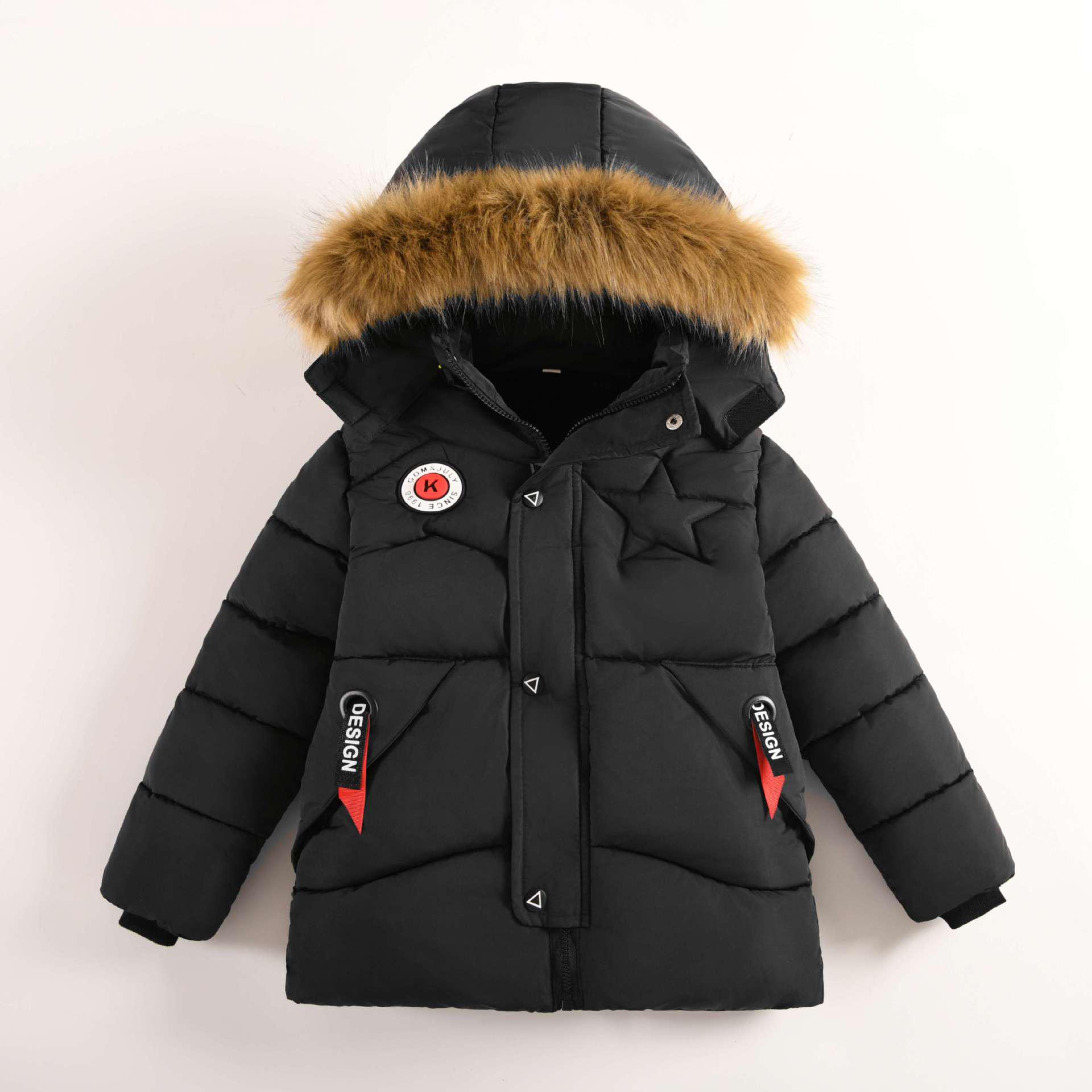 

European Winter Boys Hooded Fleece-Lined Cotton Jacket, Medium & Large Sizes 150 cm чёрный