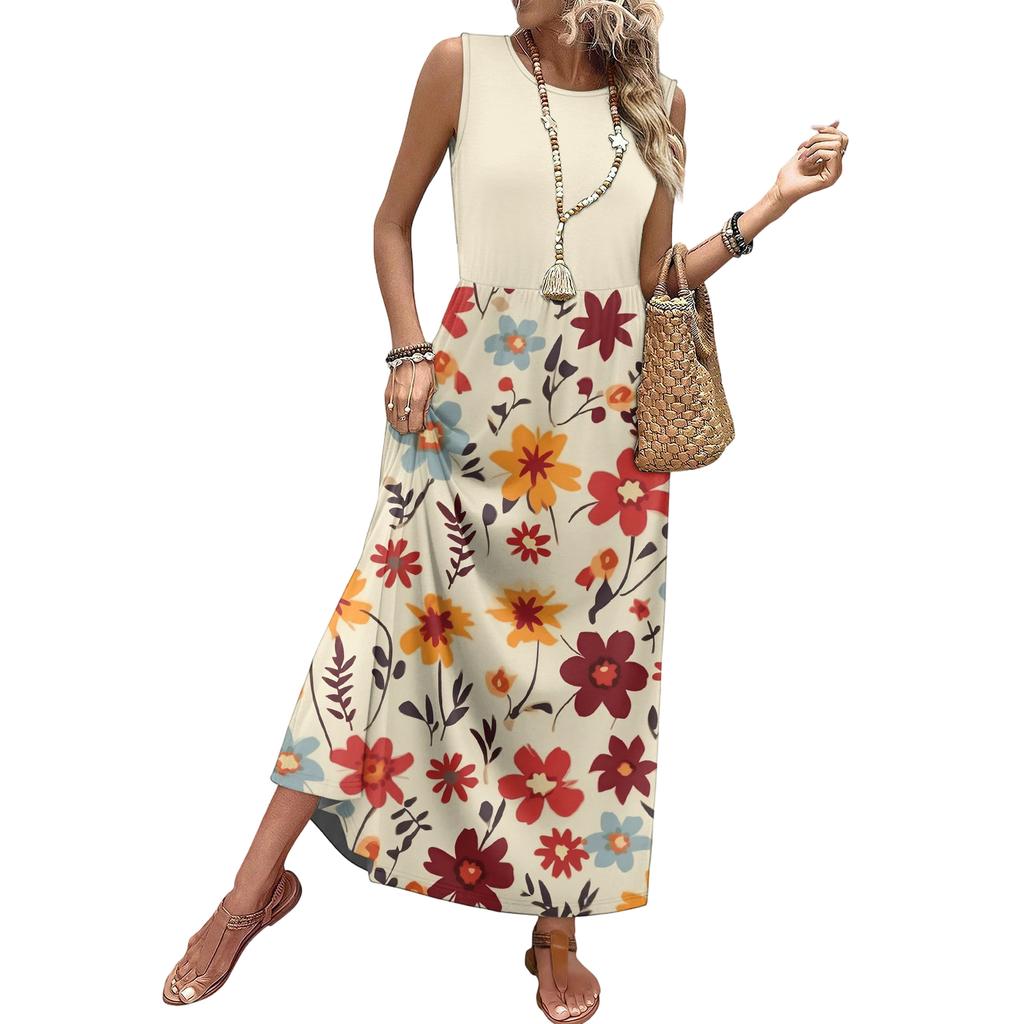 Sleeveless Floral Print Maxi Dress for Women Casual Waist Defined Long Dress Lightweight Summer Style Crew Neck