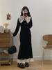 Plus Size Autumn Winter Long Sleeve Retro Lace Collar Patchwork Fishtail Skirt French Dress for Women