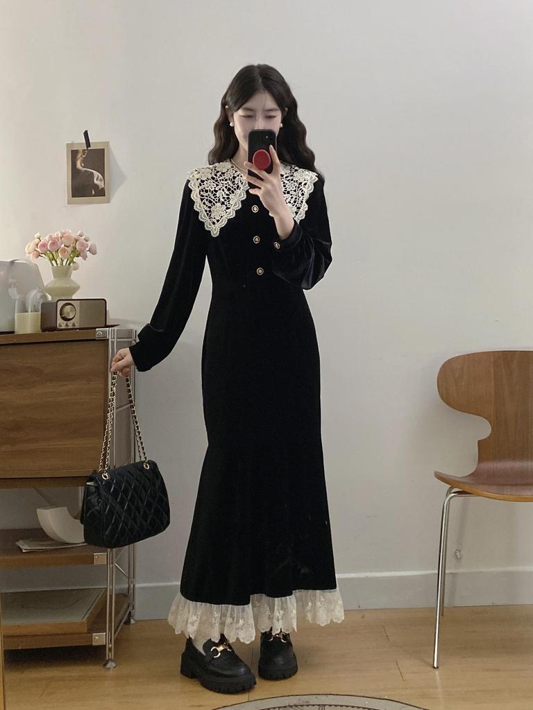 Plus Size Autumn Winter Long Sleeve Retro Lace Collar Patchwork Fishtail Skirt French Dress for Women