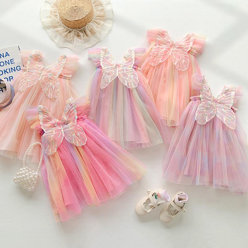 Meisjes Zomer Regenboog Tule Prinsessenjurk Met Pofmouwen En Volle Rok Voor Kinderfeestjes
