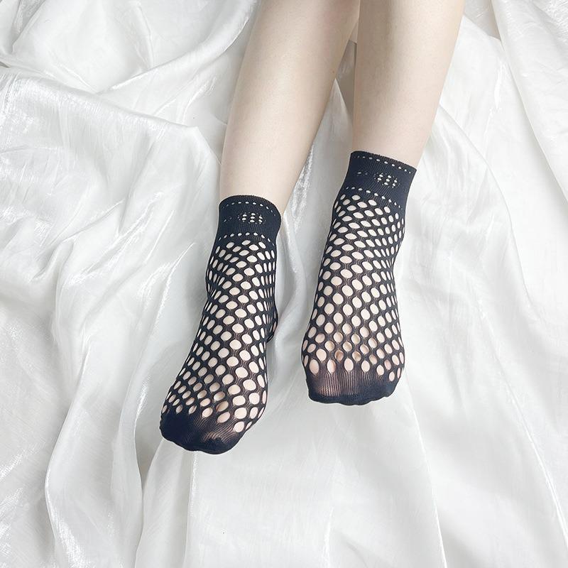 Calzini da donna in rete nera a pois con pizzo - Estivi, Sottili, Corti e Casual