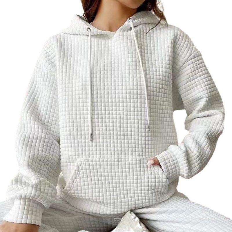 Stylish 2023 Party Fashion Style Work Clothing Fall Loose Pullover Hooded Long Sleeves Patchwork Waffle Sweatshirt Women