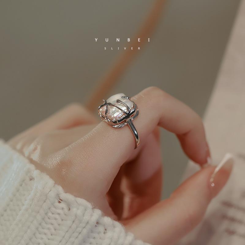 Baroque Pearl Women s Retro Open Ring - Trendy Irregular Index Finger Ring Adjustable Open