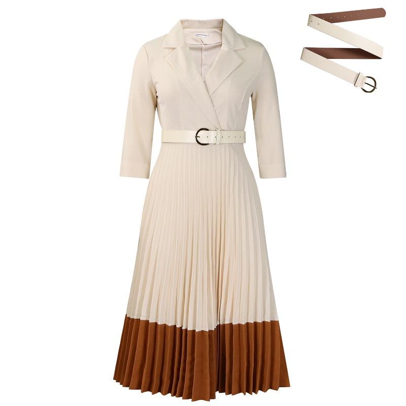 

Spring and Autumn Fashion Women s Wear Collar Elegant Pleated Dress 3XL абрикосовий