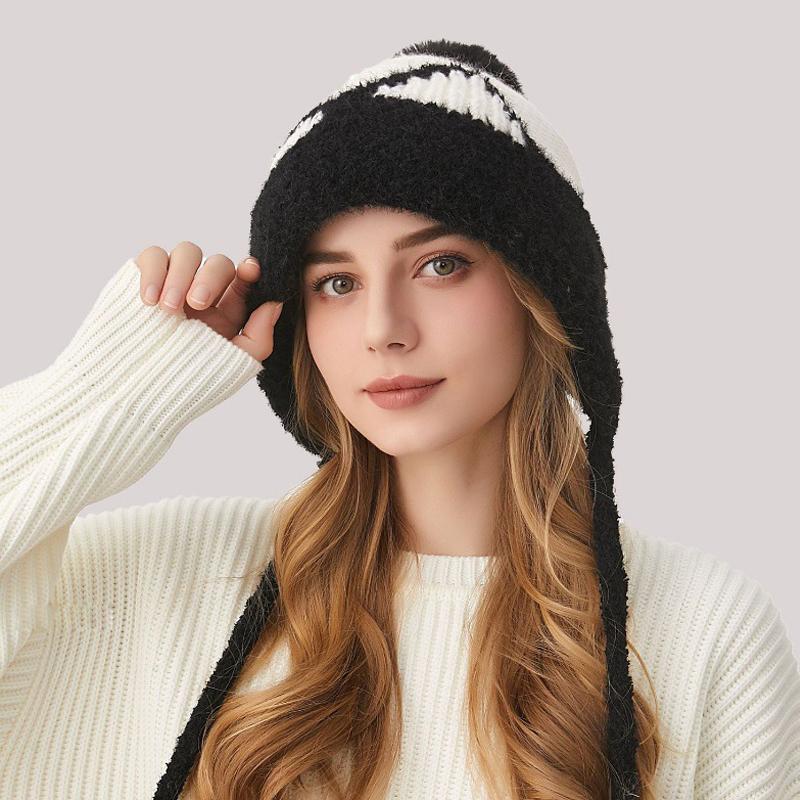 Knitted Hat Women's Autumn Winter Cartoon Cat Ears Elastic Wool Hat Three Hair Balls Ear Protection Wool Hat