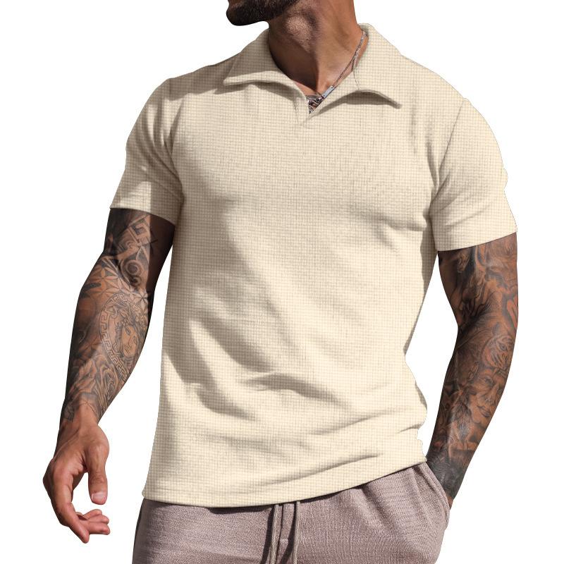Men S Summer Waffle Knit Short Sleeve Turn Down Collar Polo Shirt