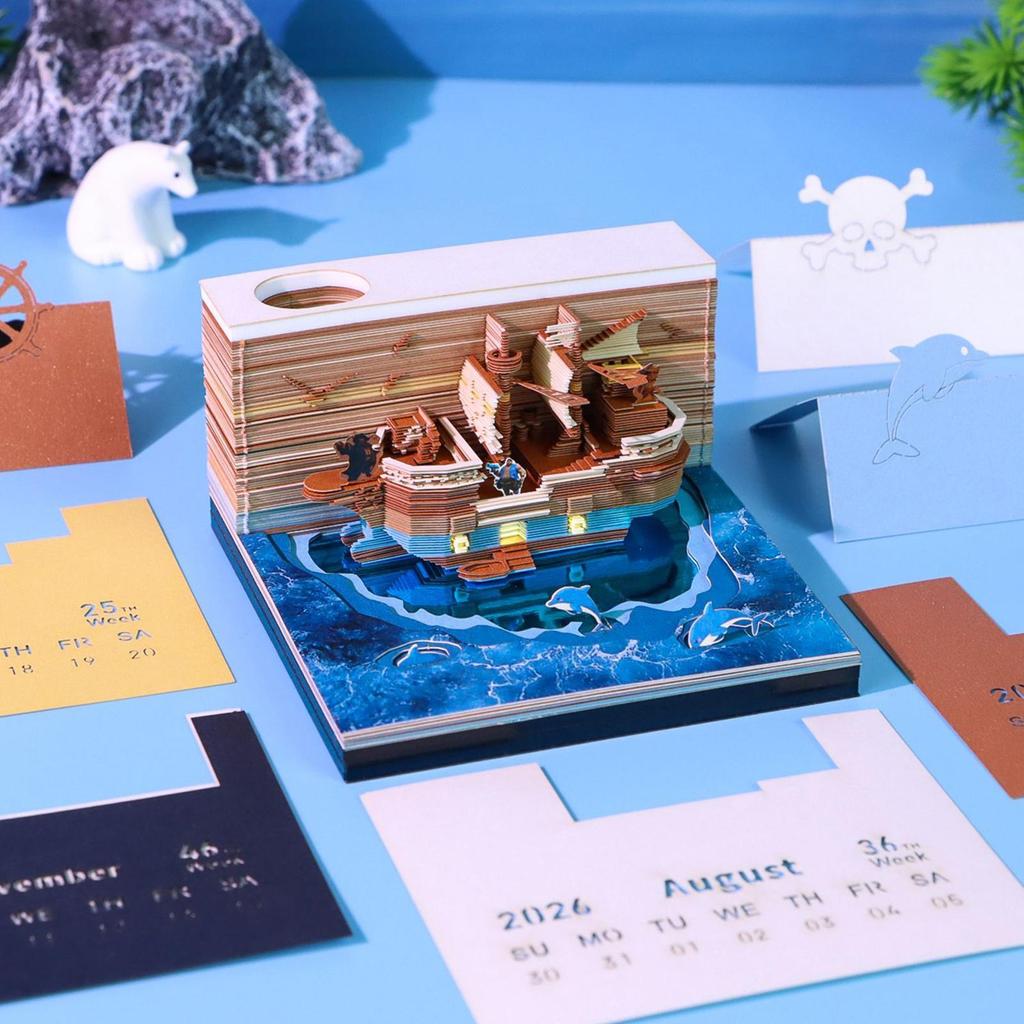 2026 3D Calendar Pirate Ship 3D Calendar 3D Paper Sculpture Art Notepad Calendar Tear Away 3D Paper Calendar Creative Ornament