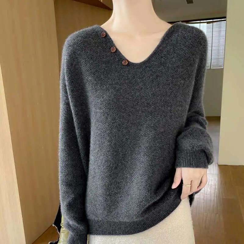 Autumn  Winter Fashion Sweater for Women V-neck Button Loose Lazy Style Versatile Base Shirt