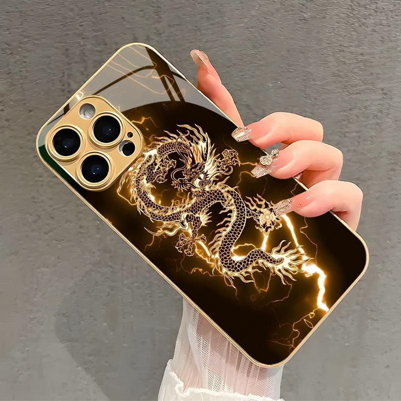Golden Lightning Dragon Pattern Metallic Paint Glass Phone Case For iPhone 17 Pro Max 14 15 Pro 16 Plus 17Air 16E Cover