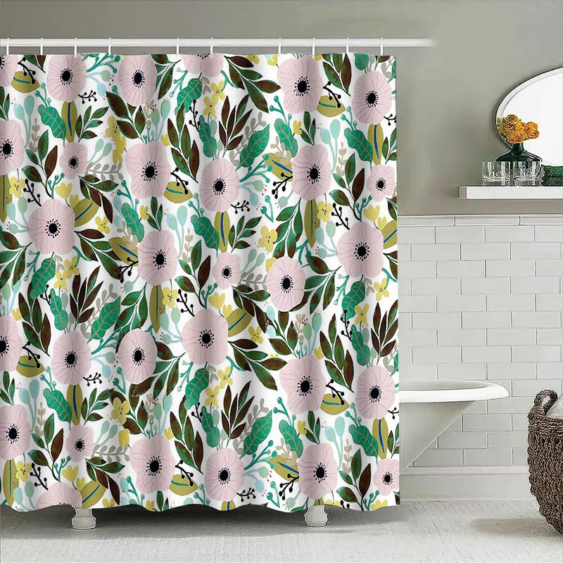 Botanical Shower Curtain Nature Floral Pattern Bathroom Decor Tropical Leaves Green Pink Home Textile Washable Waterproof Modern