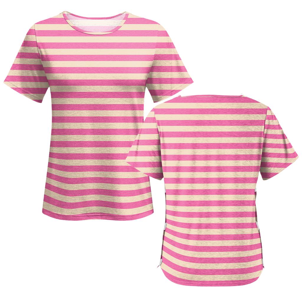 Chemise de couleur à manches courtes post-opératoire pour femme avec fermeture éclair à l'épaule et fermeture latérale.
