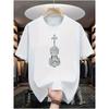 Camiseta de Manga Curta com Tema Musical com Estampa de Nota Musical & Violino - Top Casual Branco de Gola Redonda para Verão para Músicos & Orquestra