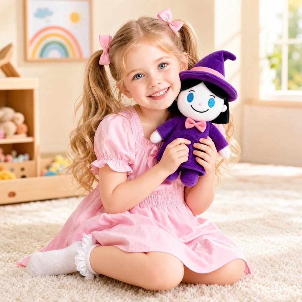 Plush Soft Stuffed Doll Witch Character with Hat and Bow Tie Halloween Plush Toy Gift for Kids and Collectors
