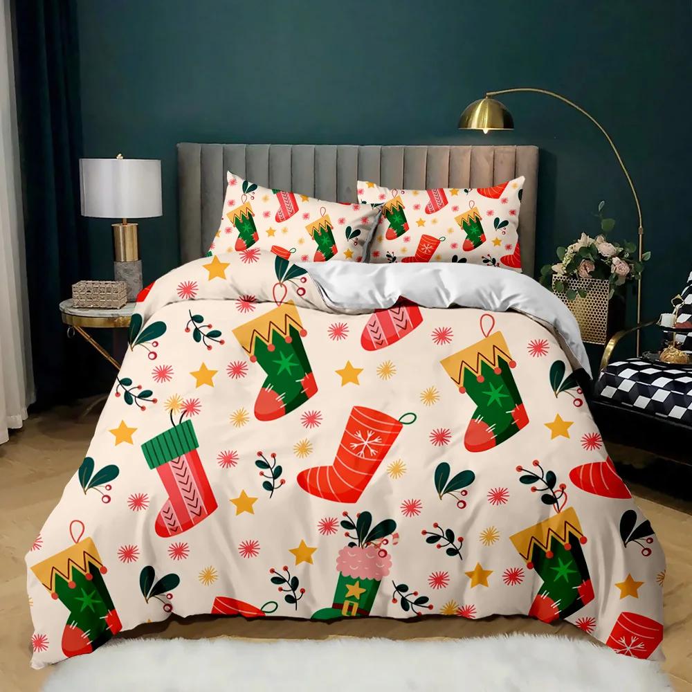 Christmas Duvet Cover Merry Christmas Tree Stockings Green Background Twin Bedding Set Double Queen King Polyester Qulit Cover