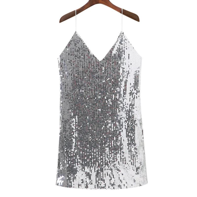 Deep V Neck Autumn Silver Sequined Backless Sexy Dress Women Off Shoulder Mini Dress Christmas Party Club Strap Dresses