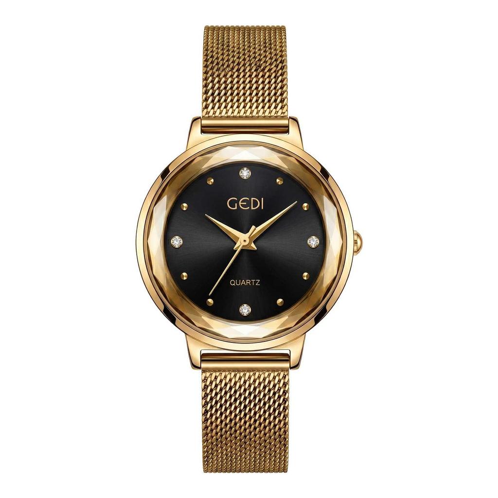 Gedi Elegant Mesh Strap Women's Quartz Watch with Faceted Diamond Markers, Waterproof and Versatile for Everyday Wear.